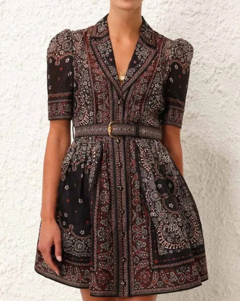 Floral V Collar Mini Dress+Belt