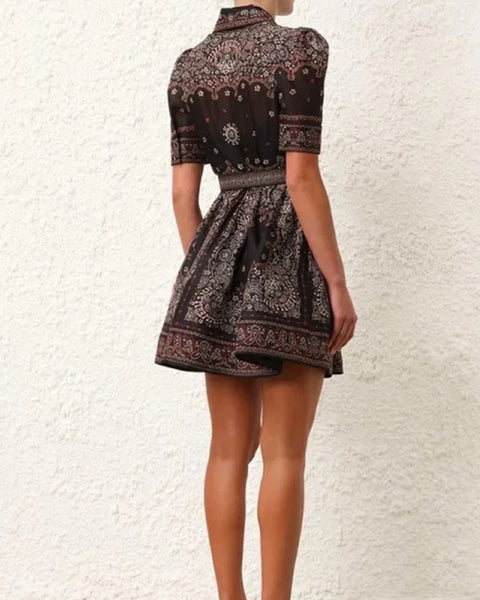 Floral V Collar Mini Dress+Belt