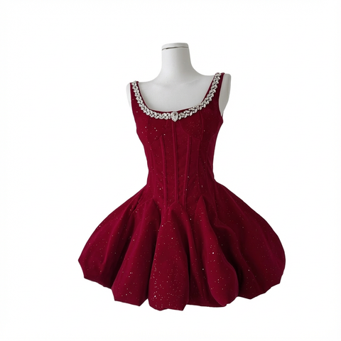Burgundy Velvet Rhinestone Trim Corset Dress