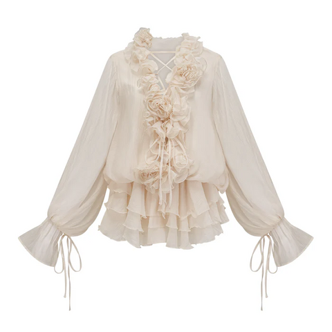 Romantic Cream Ruffled Lace-Up Chiffon Mini dress