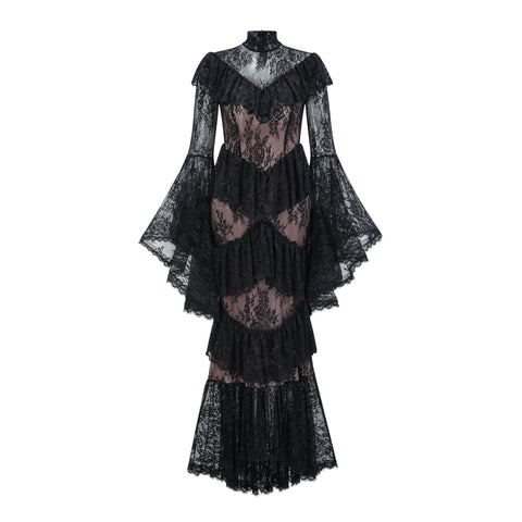 Gothic Black Lace Bell Sleeve Tiered Maxi Dress