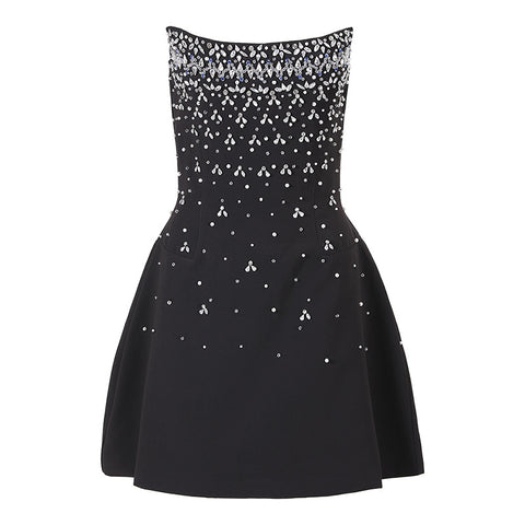Black Strapless Rhinestone Embellished A-Line Mini Dress